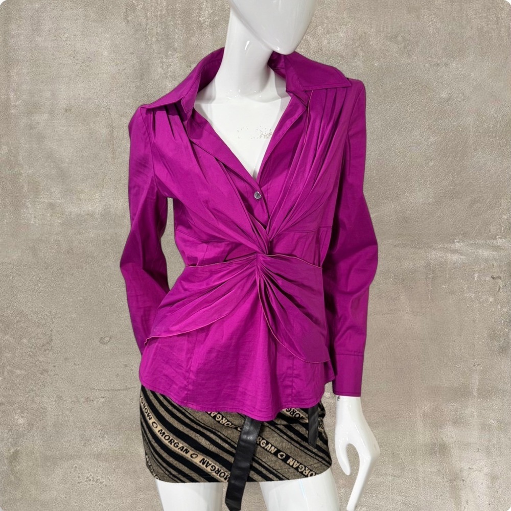 Trina Turk Fuchsia Twist Front Blouse Y2K Silk Feel Button Up M